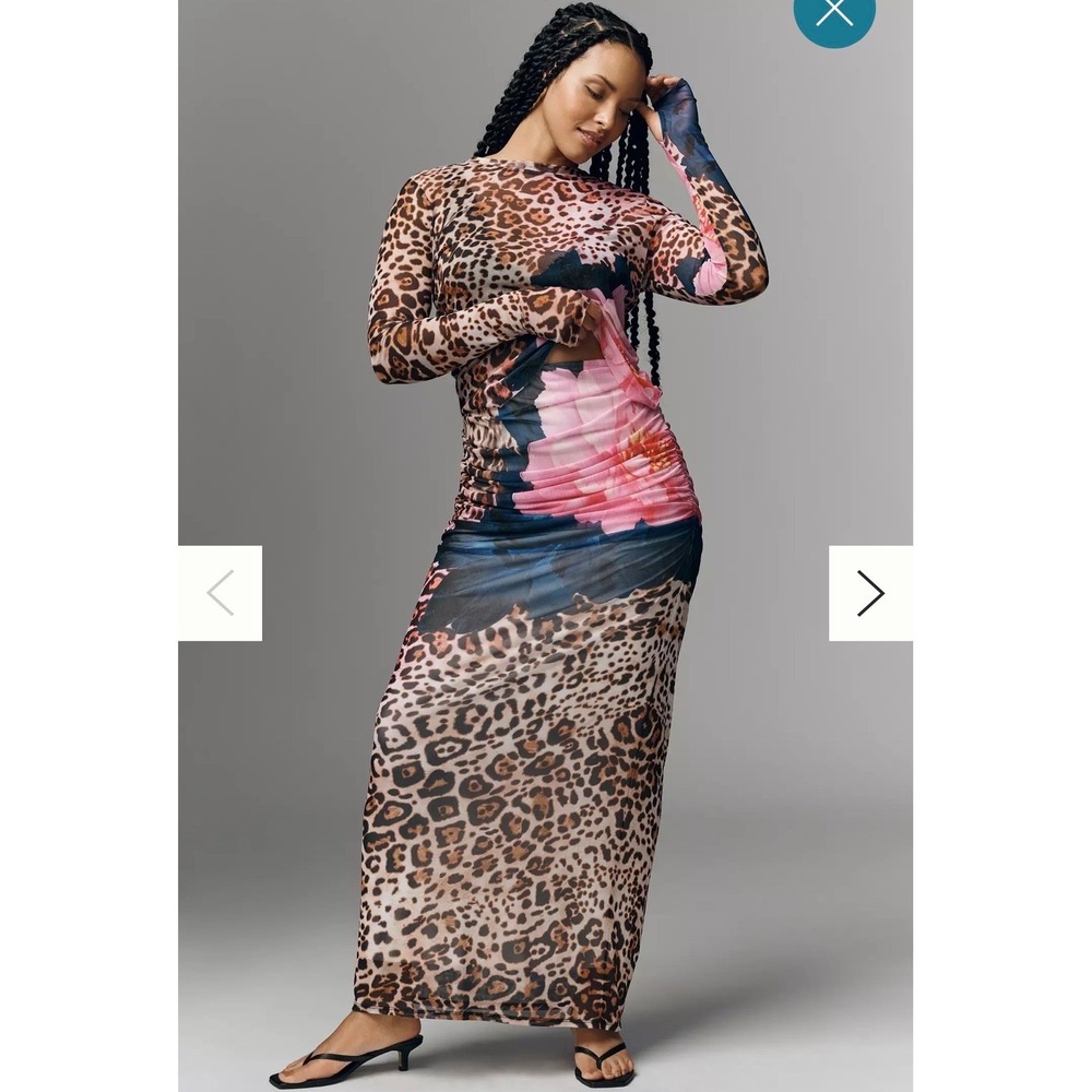 AFRM Shailene Mesh Dress Leopard Floral Print Long Sleeve Small Edgy Sheer Body - Picture 1 of 16